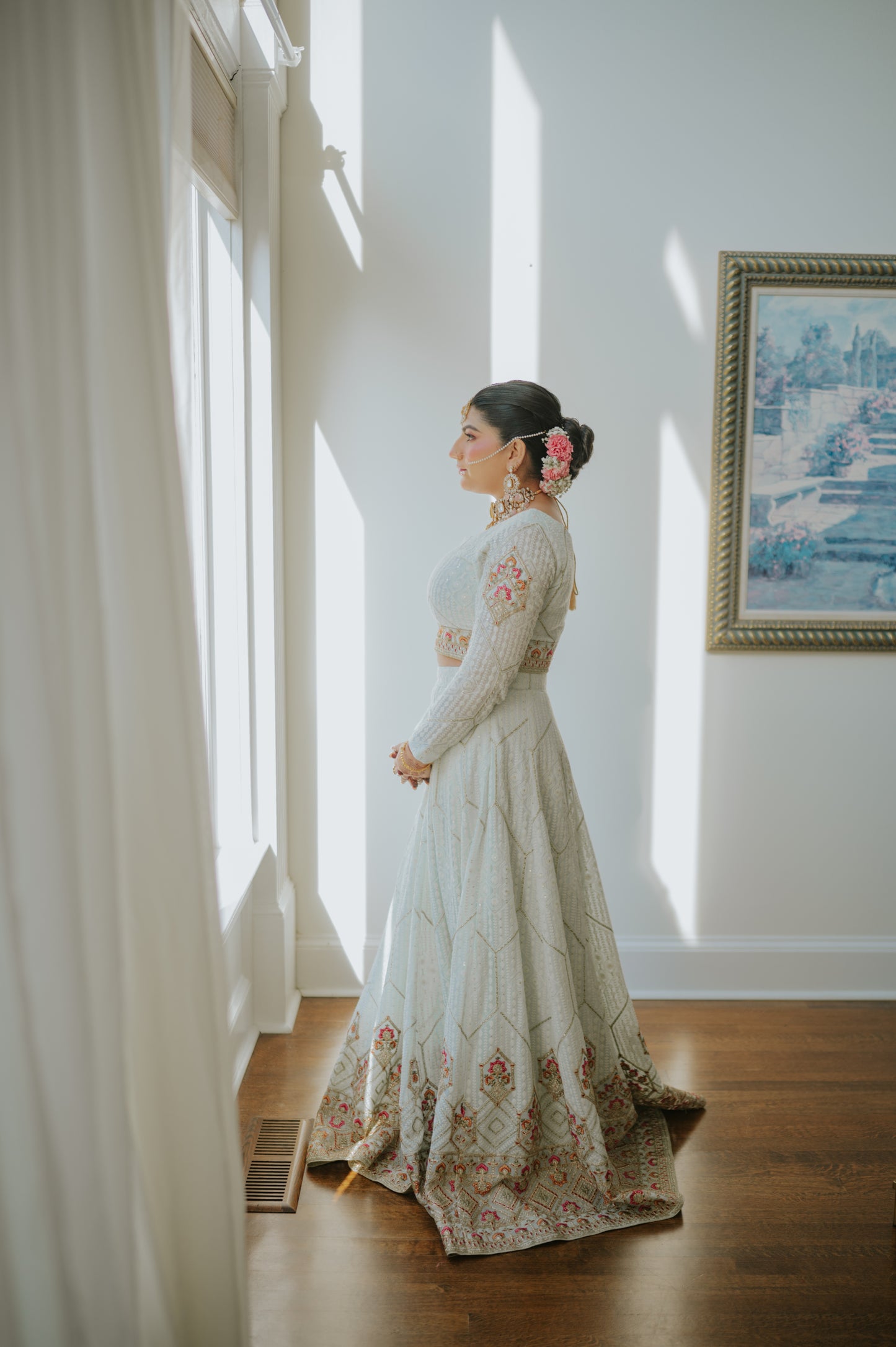 Light blue Lehnga choli with hand-applied embellishments for Pakistani/South Asian weddings in USA