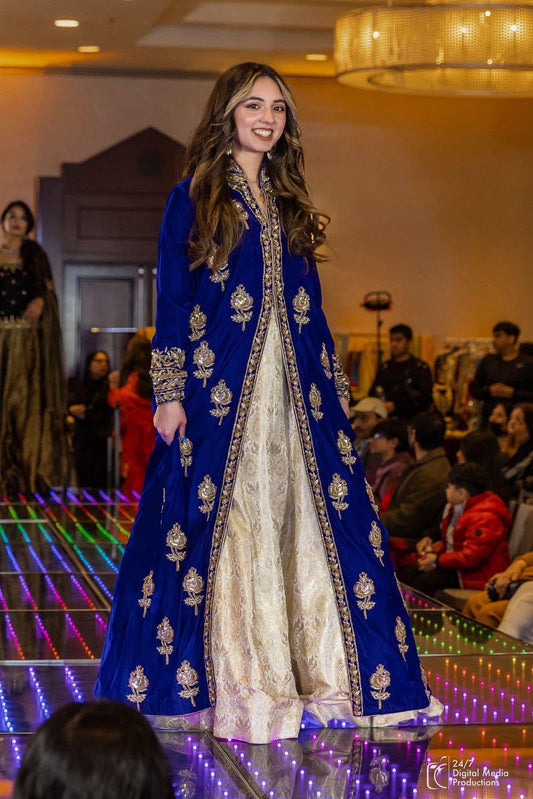 Velvet Fusion Jacket Lehenga Choli with Dabka Kora Work for Pakistani/South Asian weddings in USA